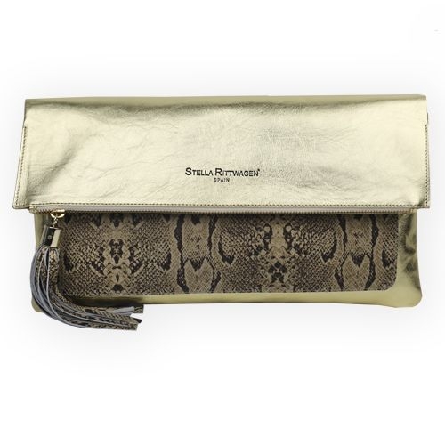 Cartera de mano clutch piel dorado y estampado serpiente stella  rittwagen
